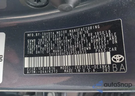 2016 Toyota Corolla Le из США, поврежденный, VIN 5YFBURHE8GP568935